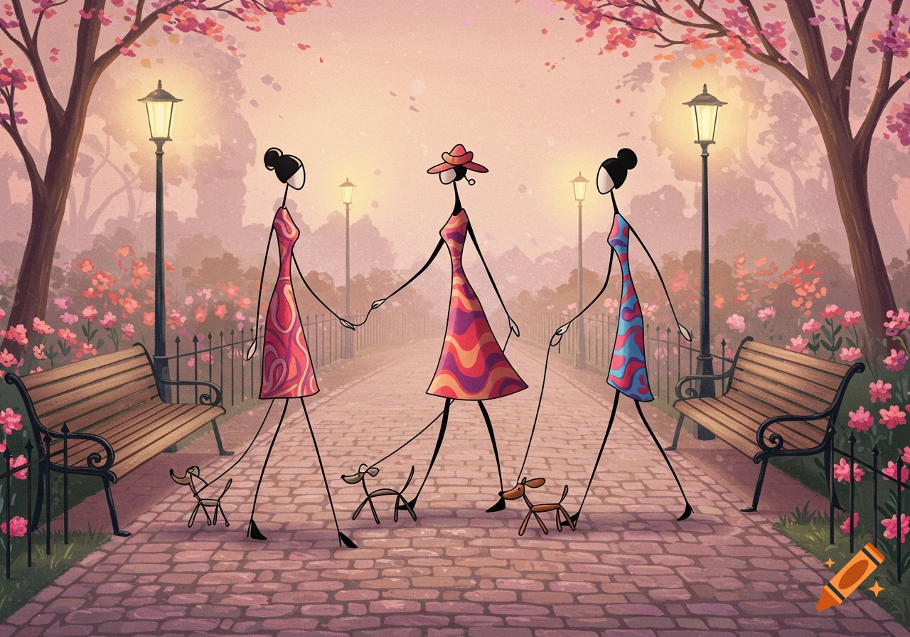 Three stylized women in colorful dresses walk their small dogs through a pink-hued park with trees and lampposts.