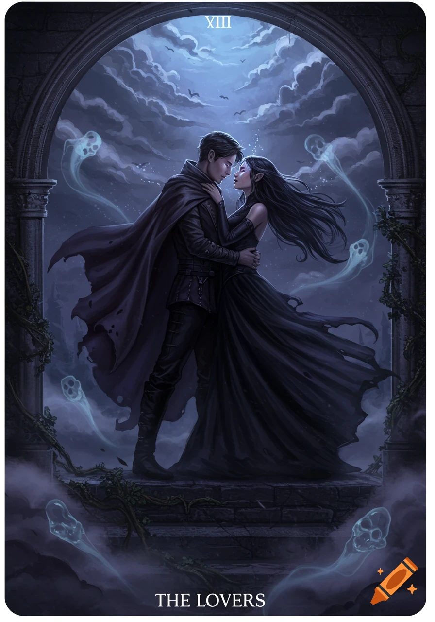 A dark fantasy tarot card showing an embracing couple with pointy ears and dark clothes, surrounded by ethereal ghost figures under a cloudy night sky. Text reads 'XIII' and 'THE LOVERS'.