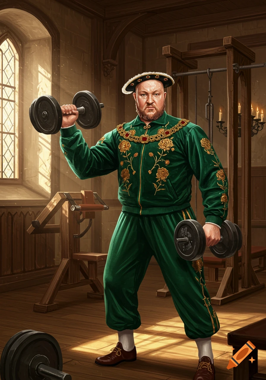 Henry VIII, wearing a green tracksuit and Tudor hat, works out with dumbbells in a medieval-style gym.