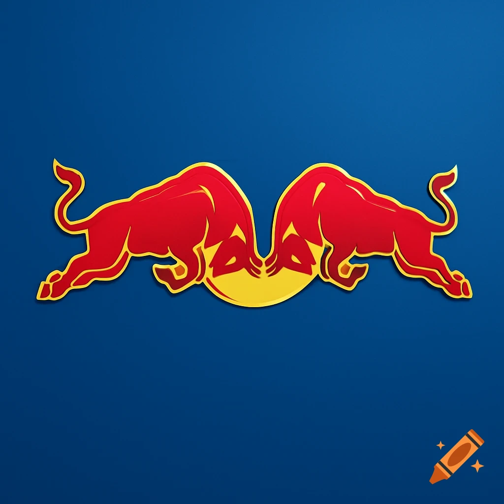 The Red Bull logo, featuring two stylized red bulls with golden outlines charging a golden sun disc against a dark blue background.