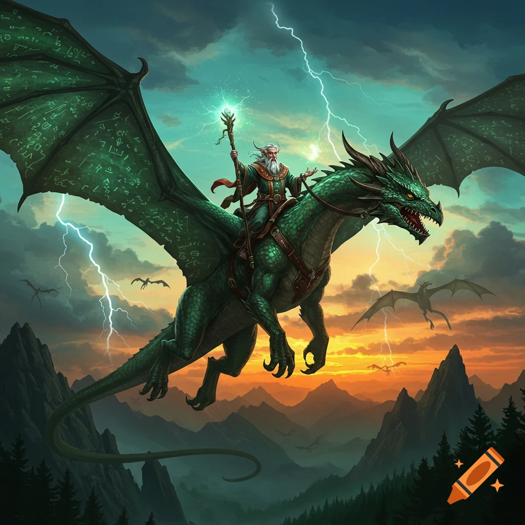 A white-bearded wizard rides a large green dragon through a stormy sky, with lightning and distant mountains at sunset.