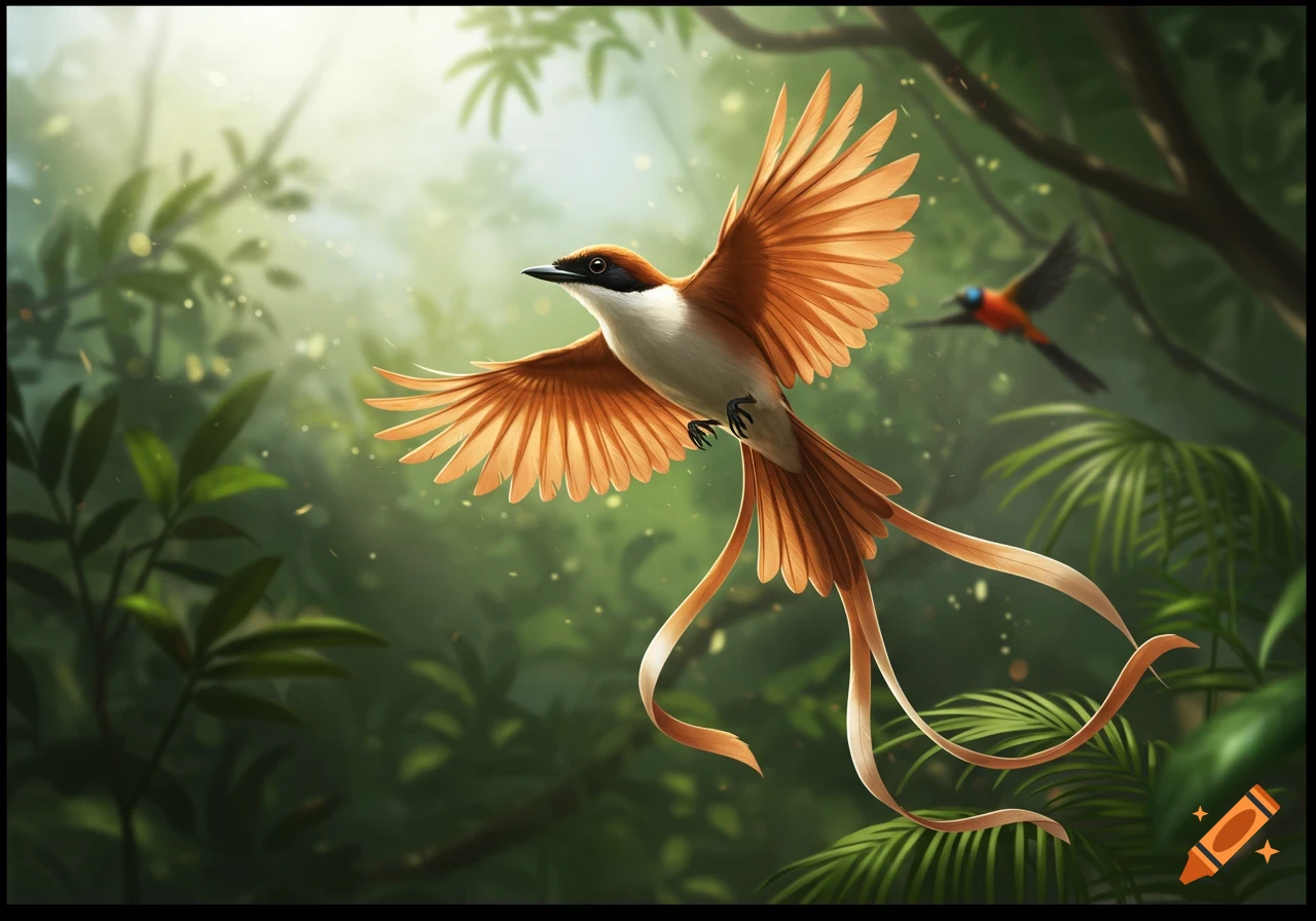 A realistic rufous paradise flycatcher bird with long tail streamers flies through a lush, sun-dappled jungle.