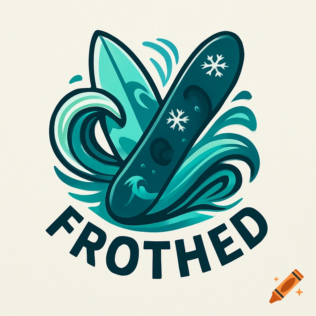 A stylized logo with a turquoise surfboard, a dark teal snowboard with snowflakes, and waves, with the word "FROTHED" below.