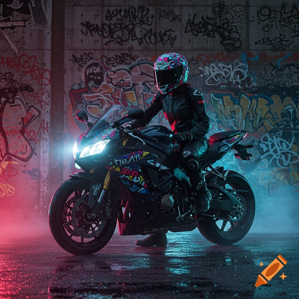 A motorcyclist in a full black leather suit and a colorful helmet sits on a black sportbike, parked in front of a graffiti-covered wall under blue and pink neon lighting.