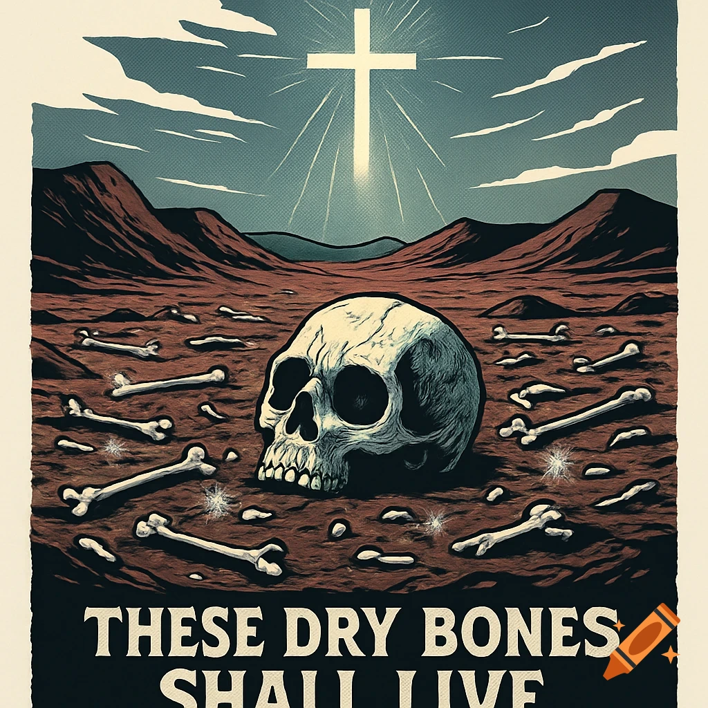 Graphic novel illustration of a desert with scattered bones, a skull in the foreground, and a glowing cross in the sky. Text reads 'THESE DRY BONES SHALL LIVE'.