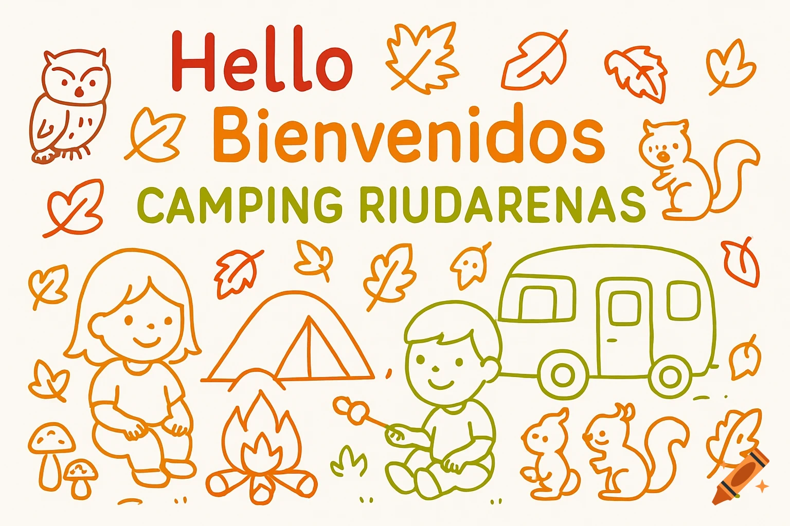 Kawaii line art illustration for a family camping mural with autumn leaves, animals, and children. Text says 'Hello Bienvenidos Camping Riudarenas'.
