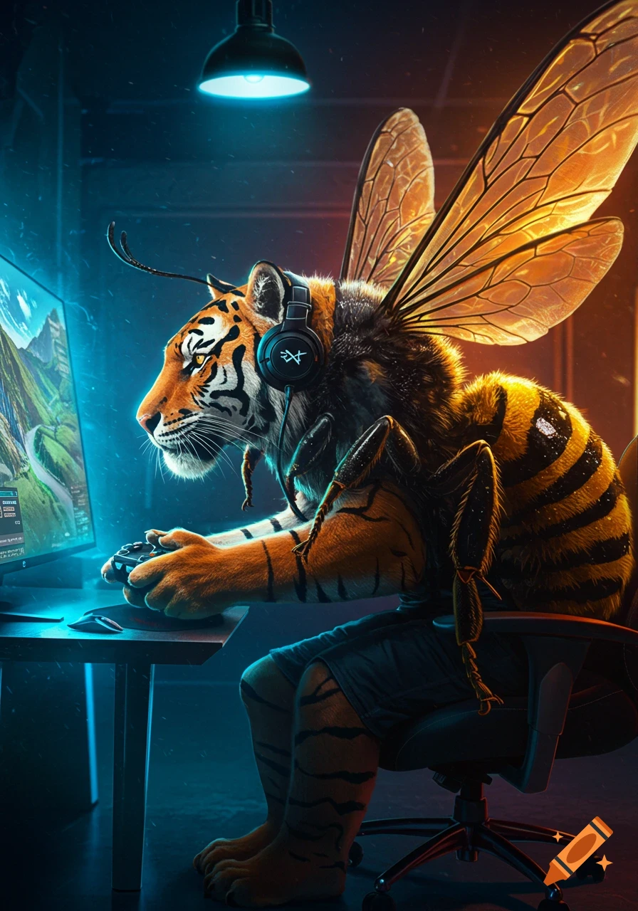 A fantastical tiger-bee hybrid, with a tiger head and bee body and wings, wearing headphones and gaming on a computer.