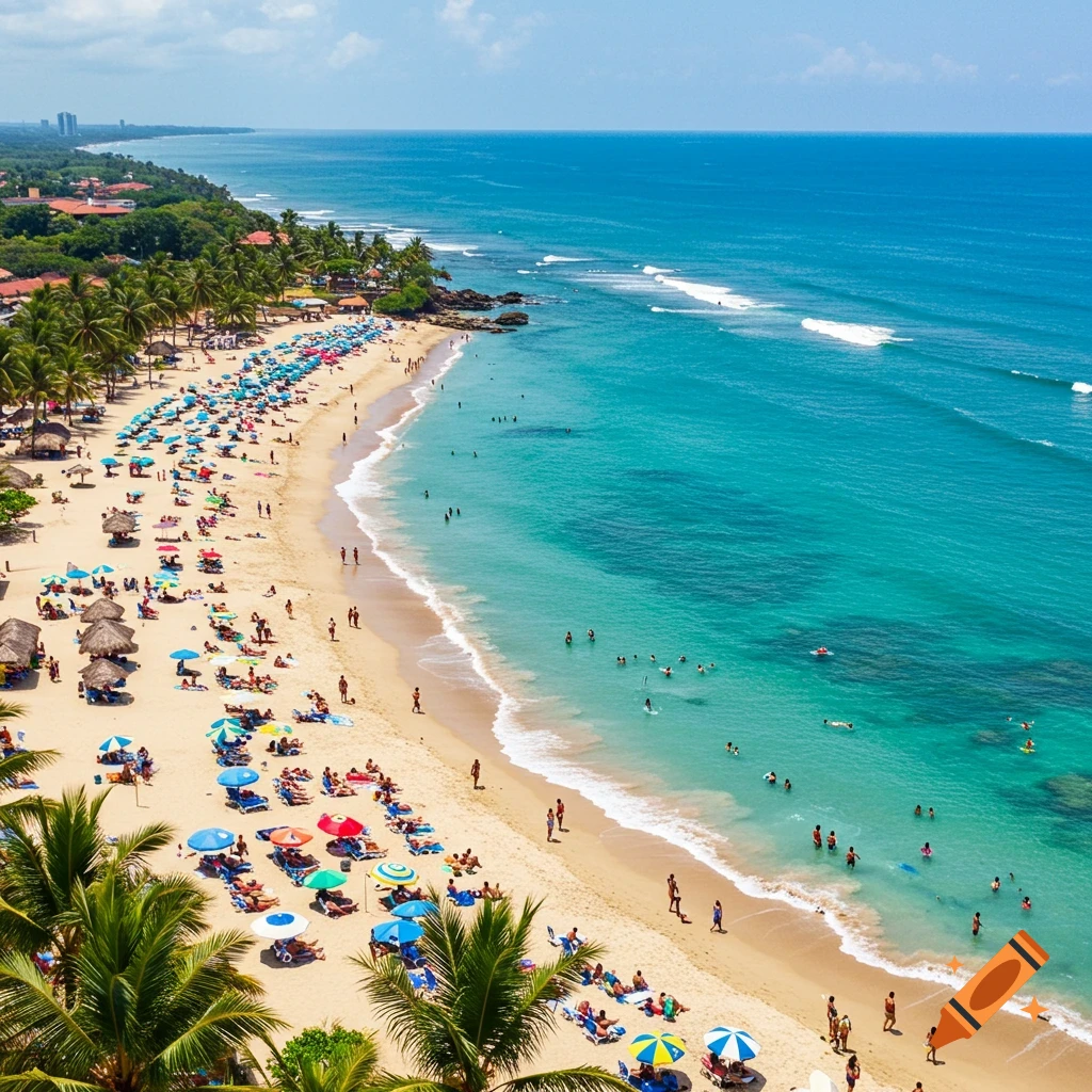 Aerial view of a crowded tropical beach with turquoise water, numerous beach umbrellas, sunbathers, and swimmers.