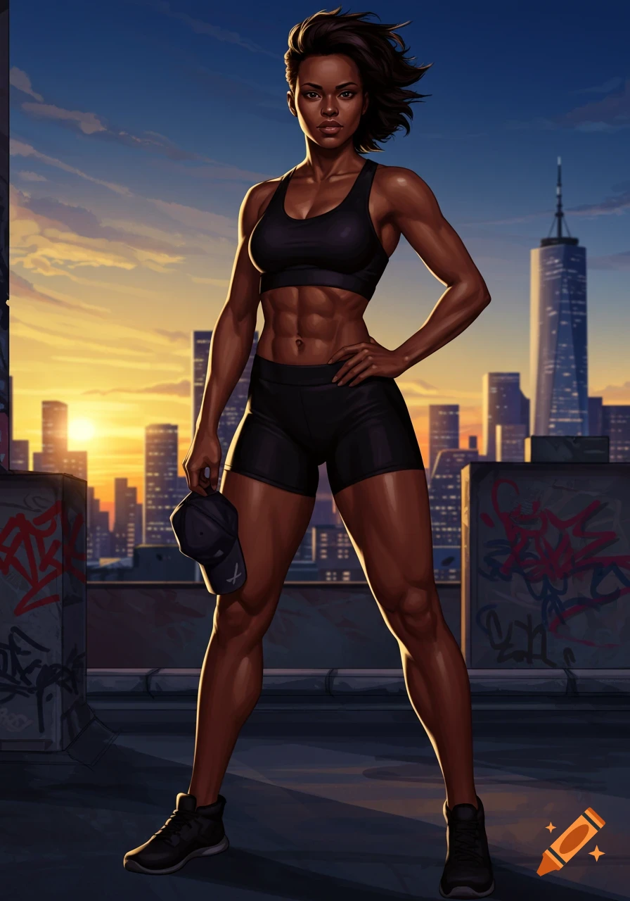 A muscular woman in a black sports bra and shorts stands confidently on a city rooftop at sunset, holding a cap. Digital art style.