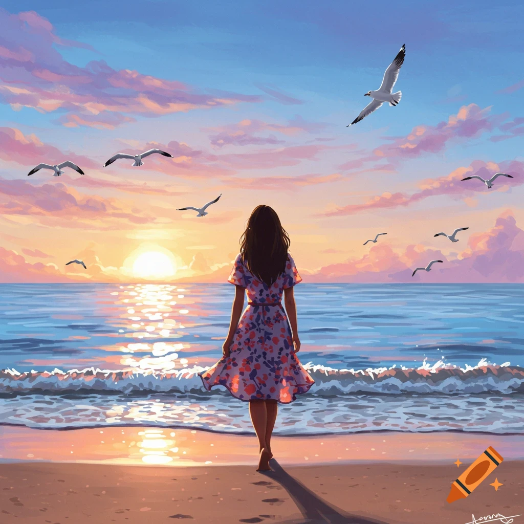 A woman in a floral dress stands on a beach, gazing at a colorful sunset over the ocean with seagulls flying, in a digital art style.