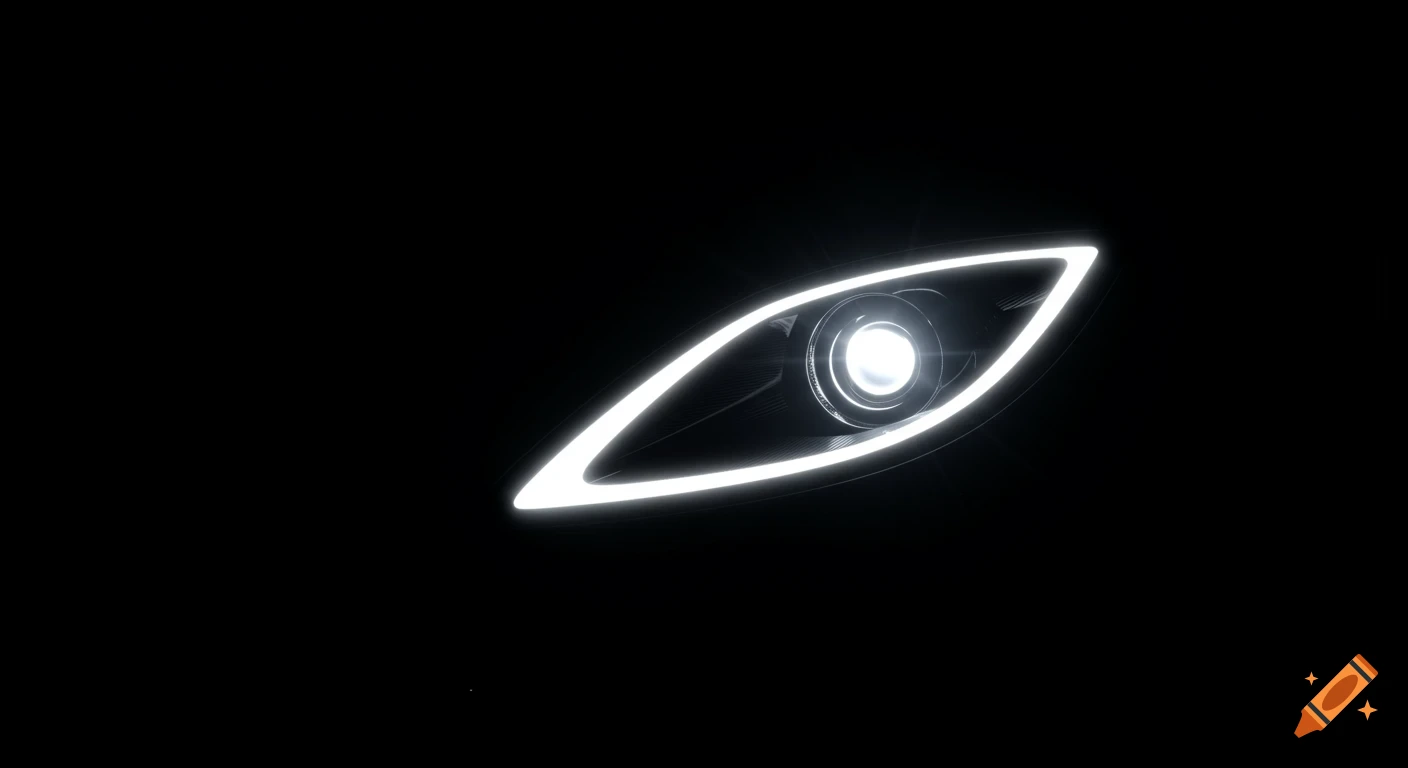 A photorealistic close-up of a bright, glowing Koenigsegg Agera headlight in pure black darkness.