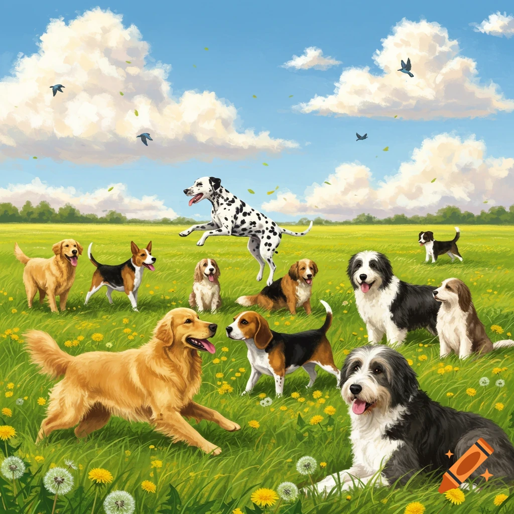 Diverse dogs play in a sunny green field with dandelions under a blue sky with clouds, in an illustrative style.