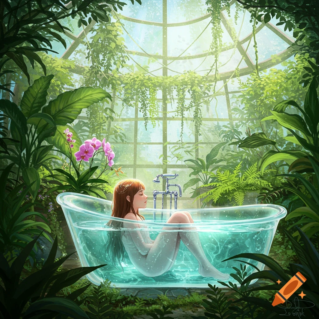 A serene woman with red hair bathes in a clear glass tub filled with glowing water amidst lush green plants in a sunlit greenhouse, digital painting.