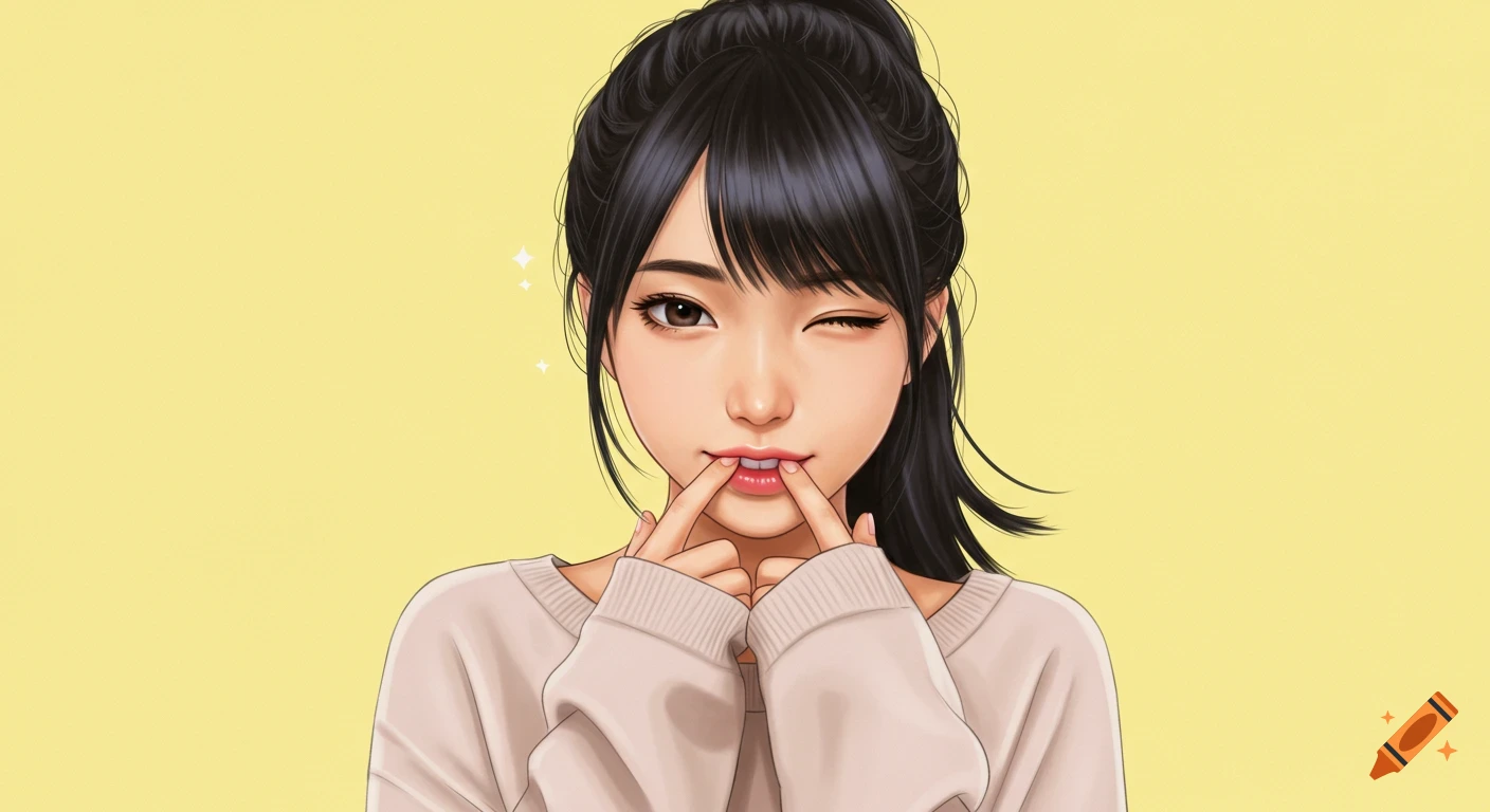 Realistic drawing of a cute Japanese woman with black hair in a ponytail, winking and smiling, against a pastel yellow background.