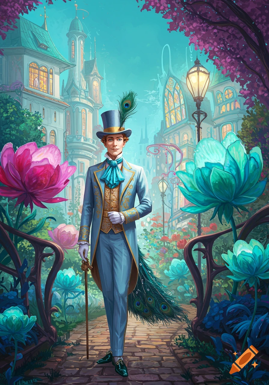 A dandy in a blue suit and top hat with a peacock feather stands on a whimsical path amidst giant flowers and fantasy architecture.