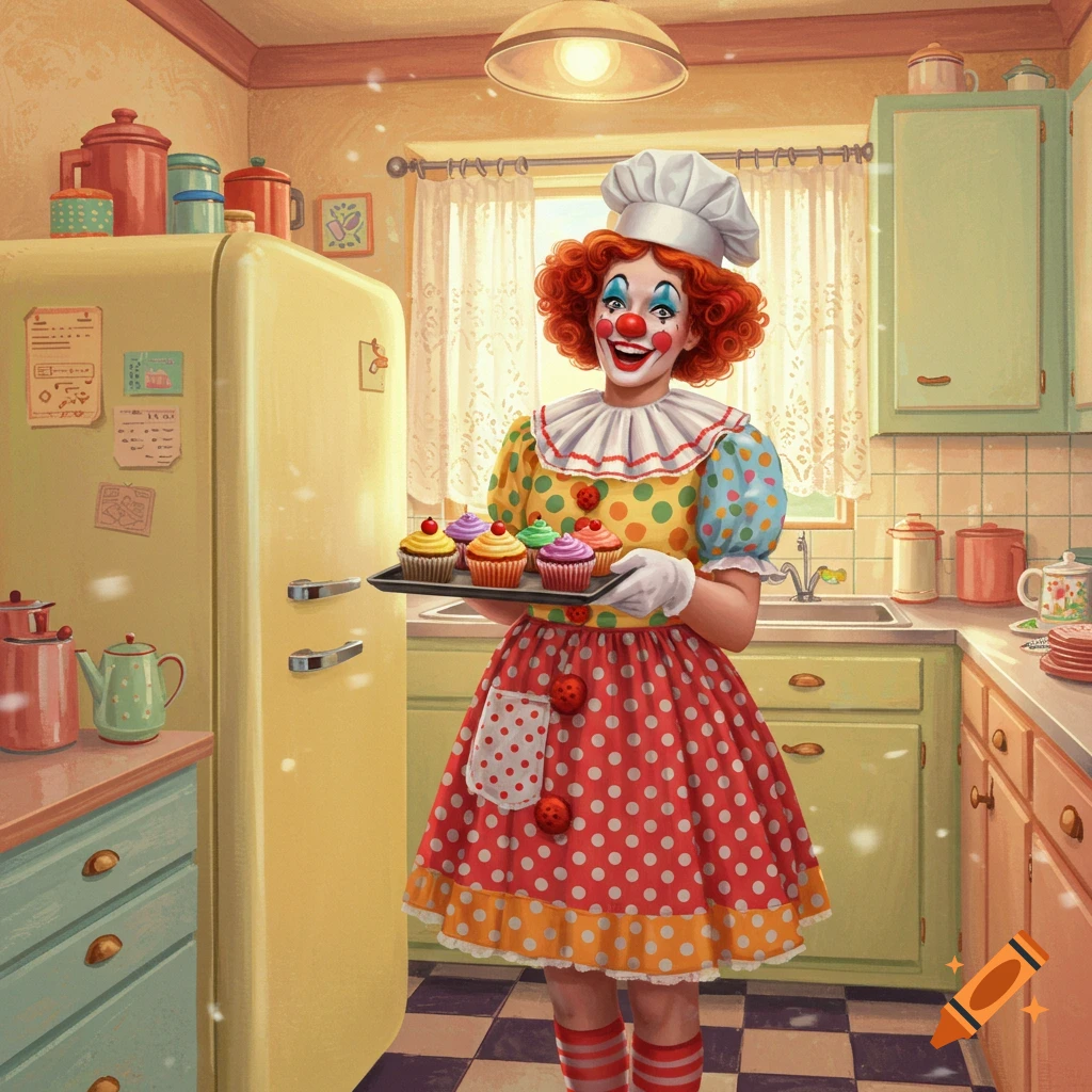 A cheerful clown housewife in a colorful polka-dot dress and chef's hat holds a tray of cupcakes in a retro kitchen.