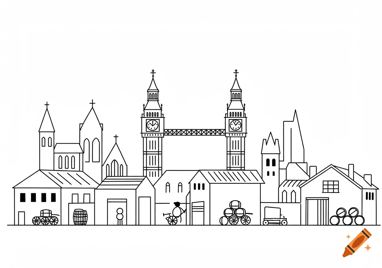 A minimalistic black line drawing of a London-like cityscape with church spires, iconic clock towers, houses, and barrels.