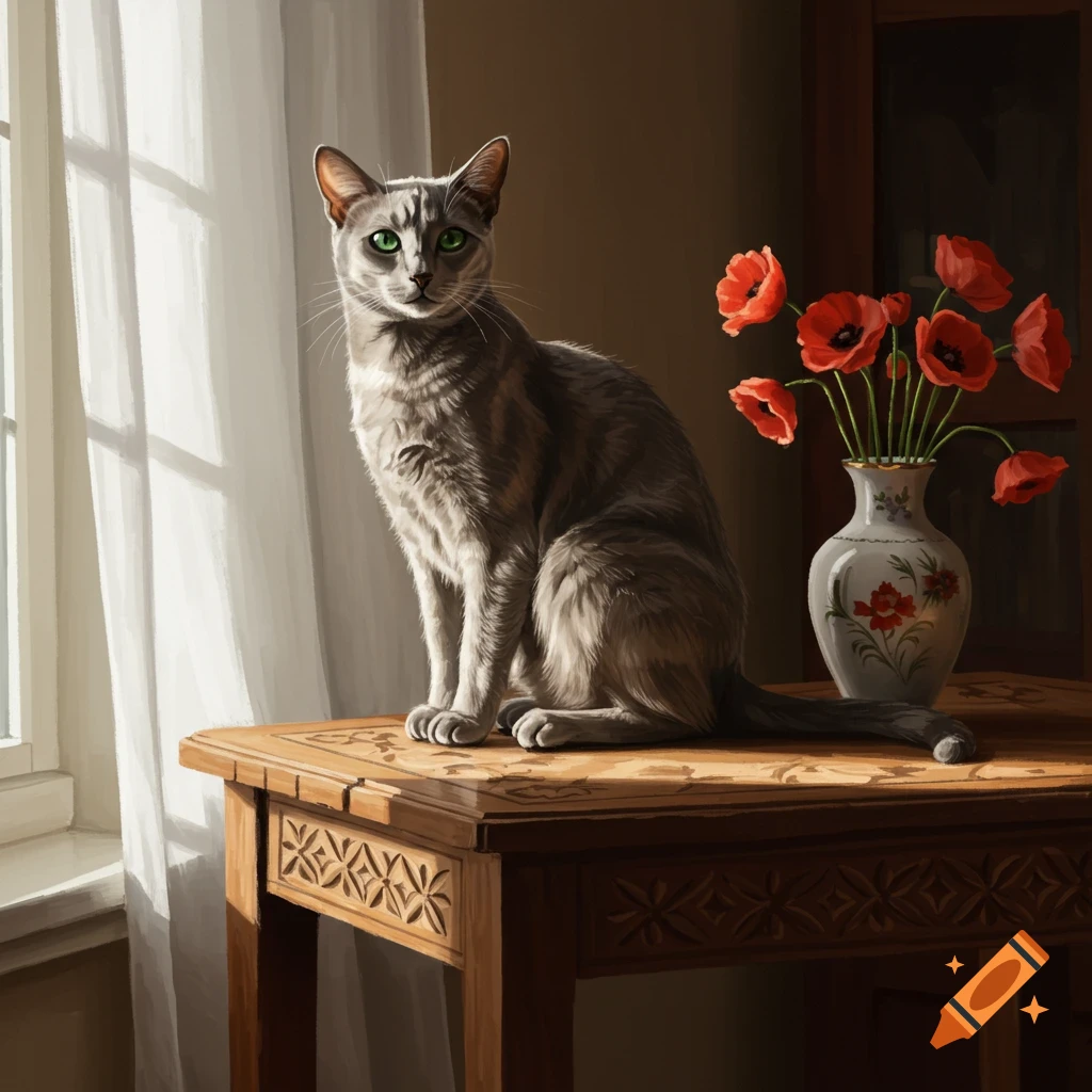 A realistic painting of a gray cat with green eyes sitting on a carved wooden table next to a vase of red poppies by a window.