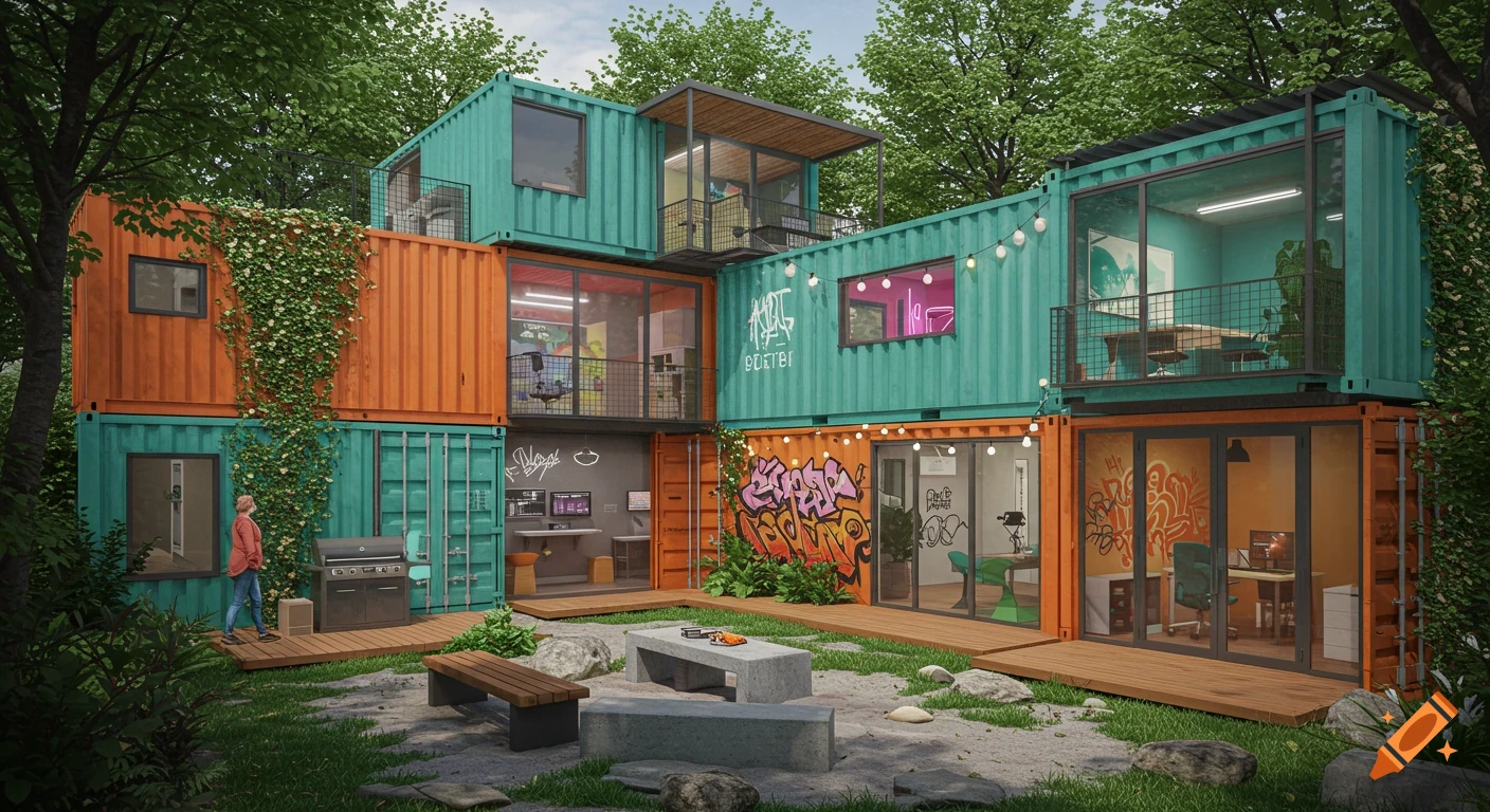A multi-level building made from green and orange shipping containers, with offices, balconies, an outdoor lounge, and a BBQ area, surrounded by lush trees and grass.