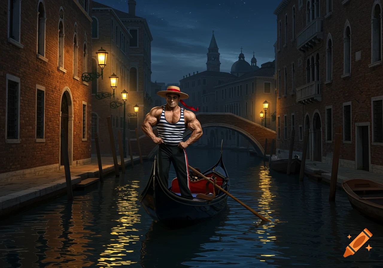 A muscular man in a striped tank top and straw hat stands in a gondola on a Venice canal at night, lit by street lamps.