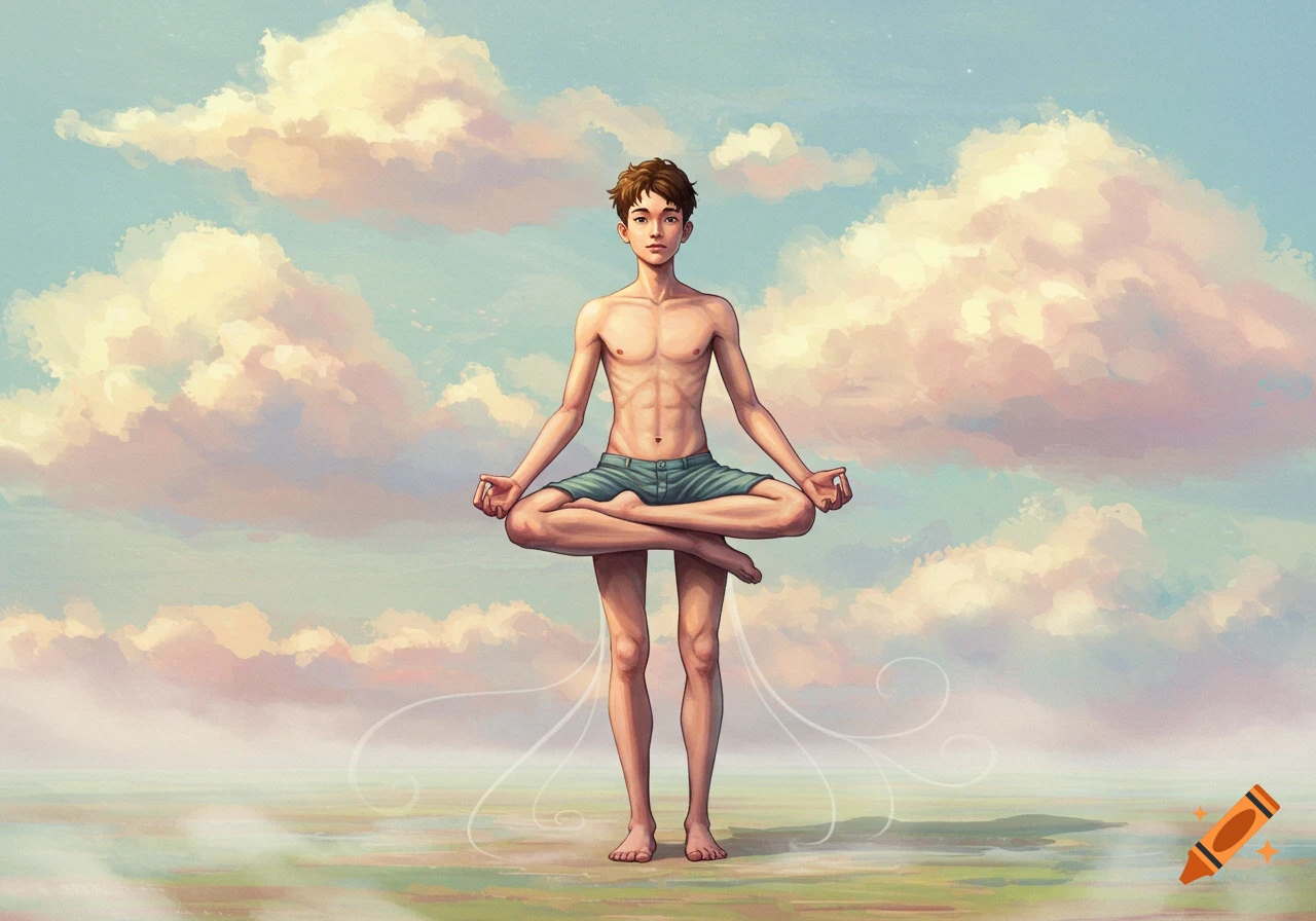 A shirtless young man with brown hair meditates, appearing to float with crossed legs above his standing legs, against a cloudy sky in an illustrative style.