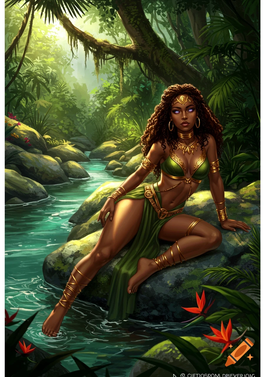 Digital art of a beautiful African-American woman in a green and gold Amazon-Queen outfit, sitting on a rock by a jungle river.