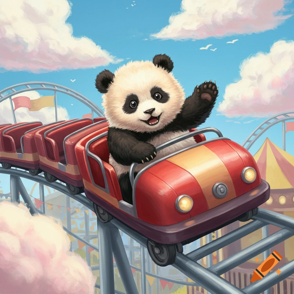 A cute baby panda waves from a red rollercoaster car, smiling as it rides through an amusement park under a blue sky with fluffy clouds. Cartoon style.