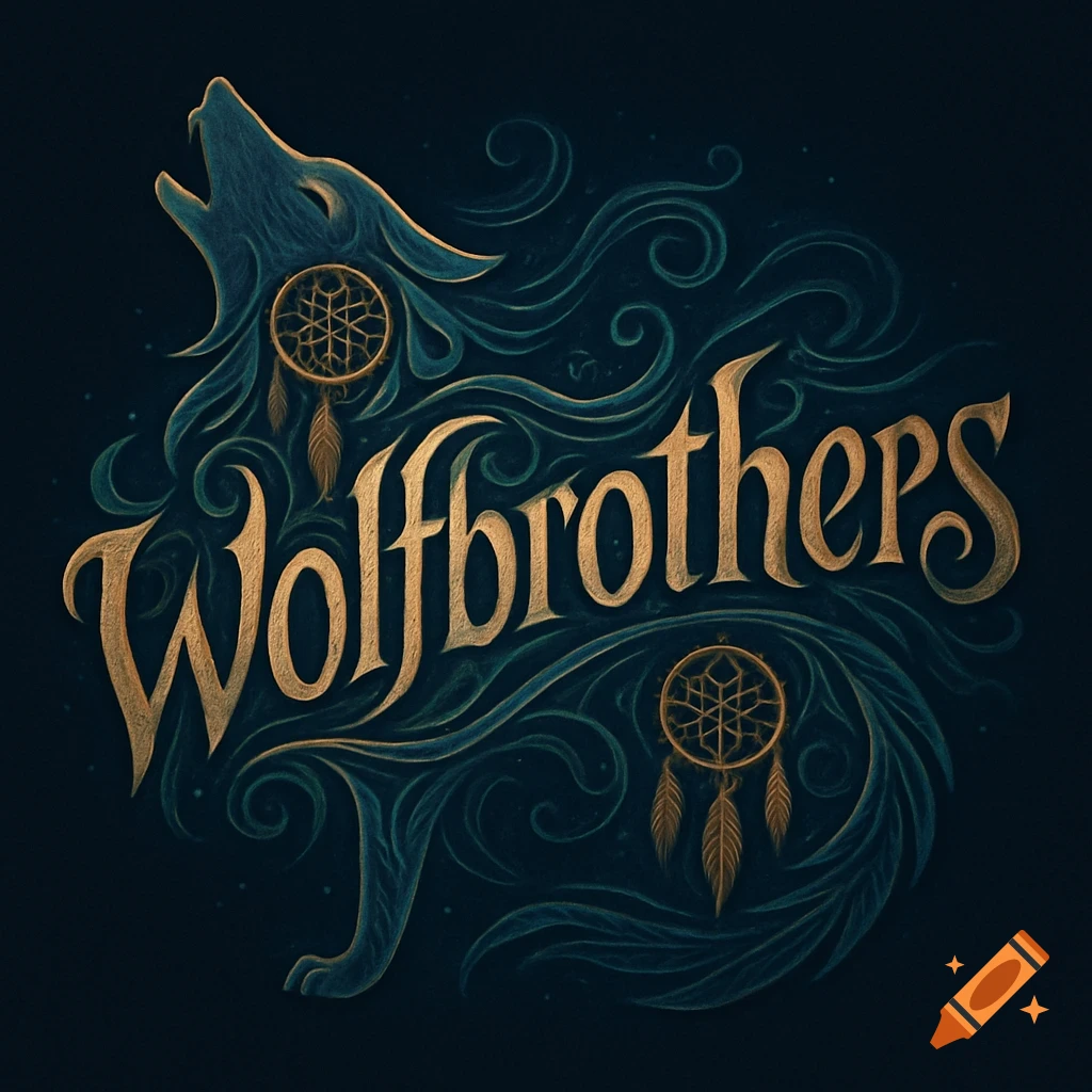 Stylized golden text 'Wolfbrothers' integrated into a teal howling wolf head with swirling patterns and golden dream catchers.