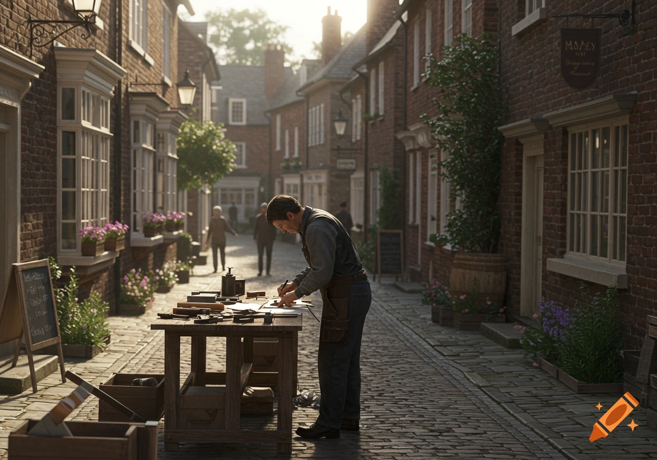 A man works at a table on a cobblestone street in a historic town with brick buildings and flowers, bathed in sunlight.