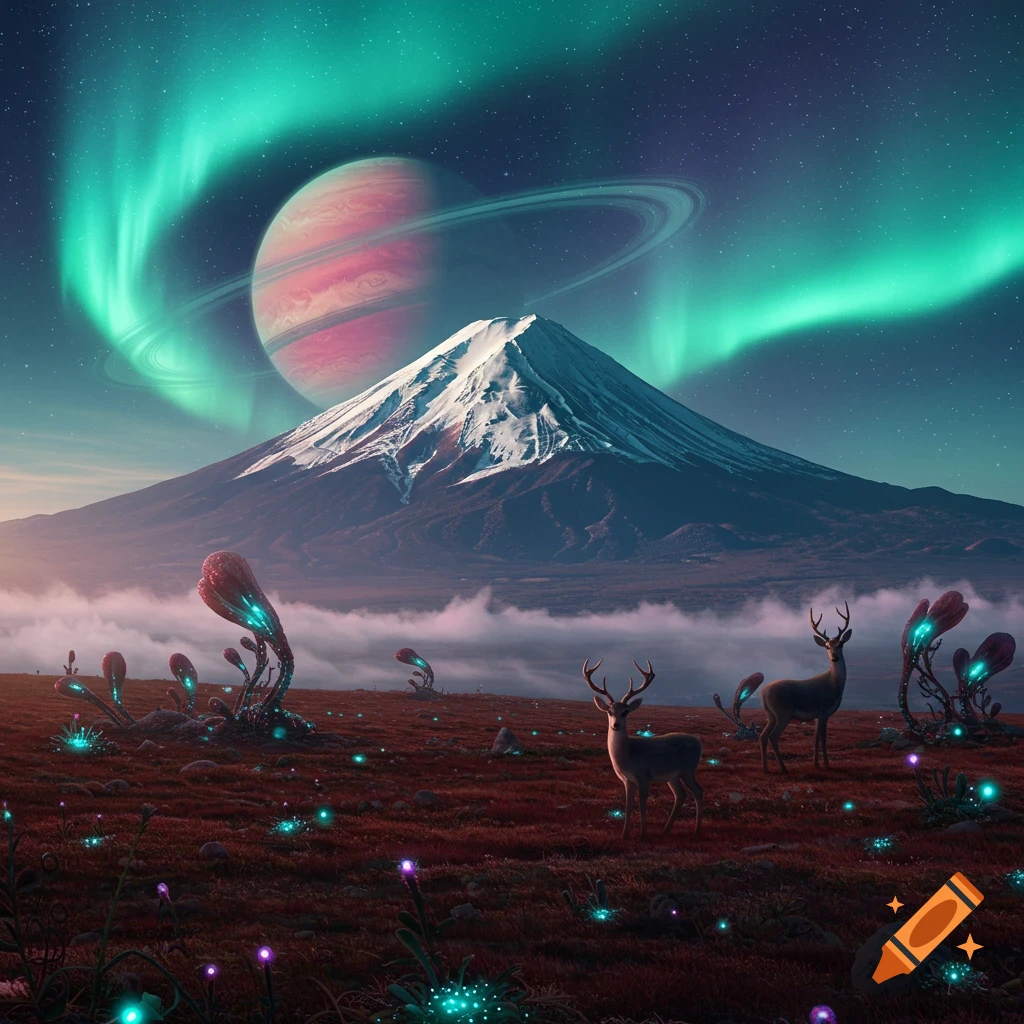 A snowy mountain under a night sky with aurora and a ringed planet. Two deer stand among glowing alien plants in a red field.