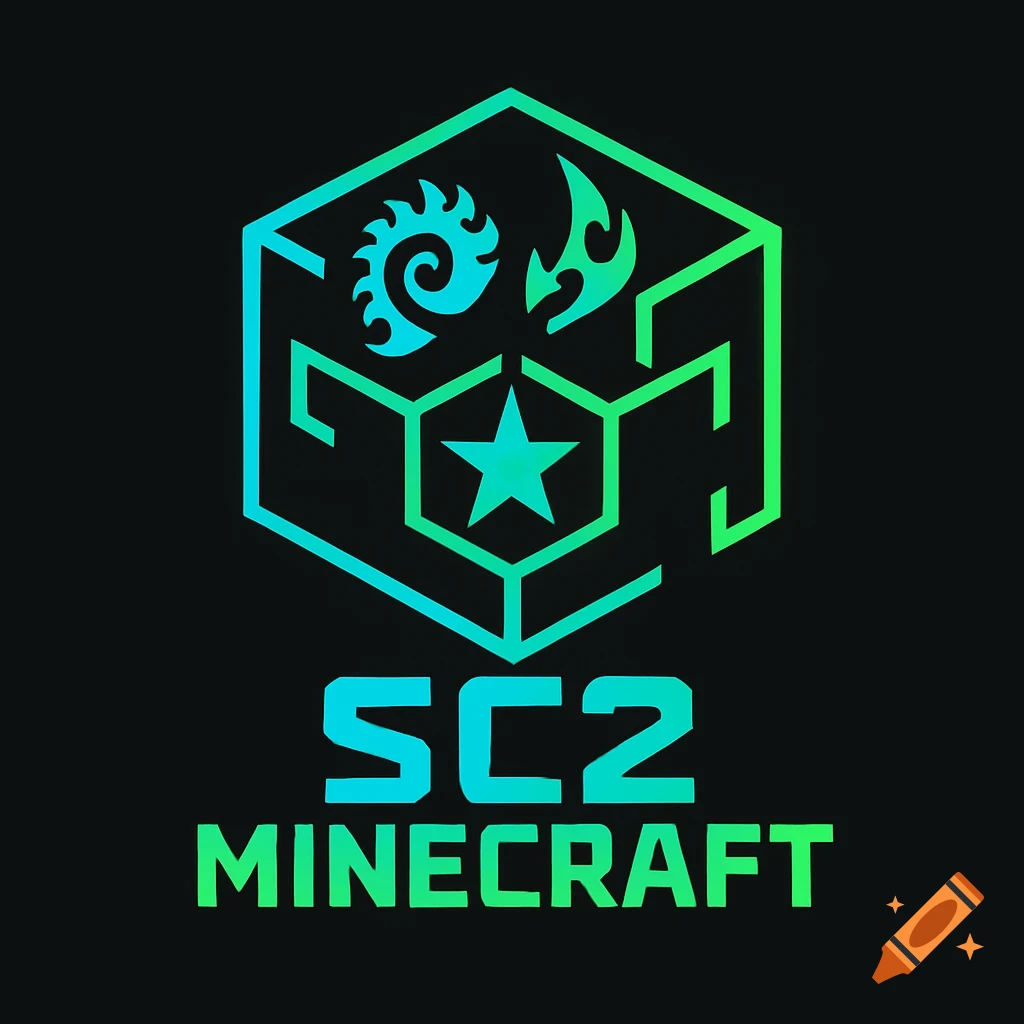 A gradient blue and green neon logo with a hexagonal design and game symbols, with 'SC2 MINECRAFT' text.