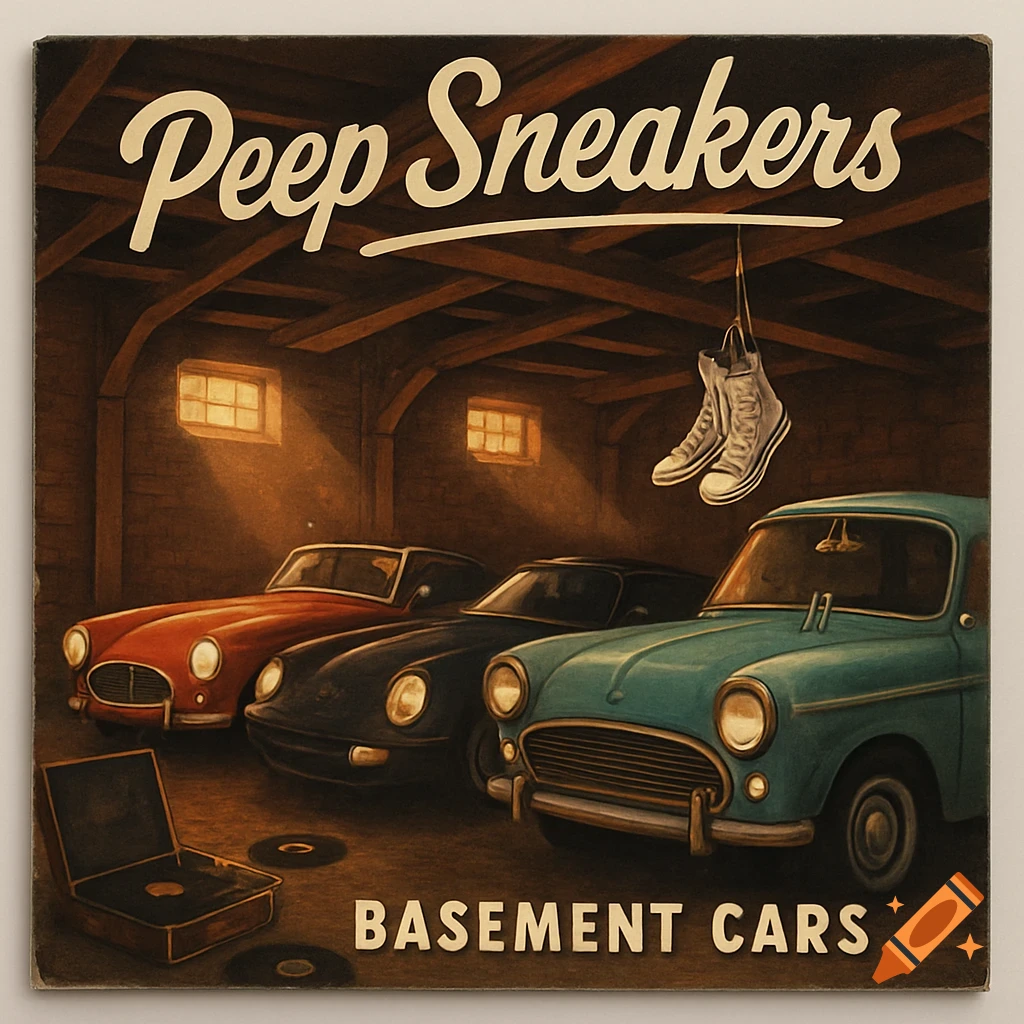 A vintage-style album cover showing three classic cars in a dim garage with text 'Peep Sneakers' and 'BASEMENT CARS', and sneakers hanging above.