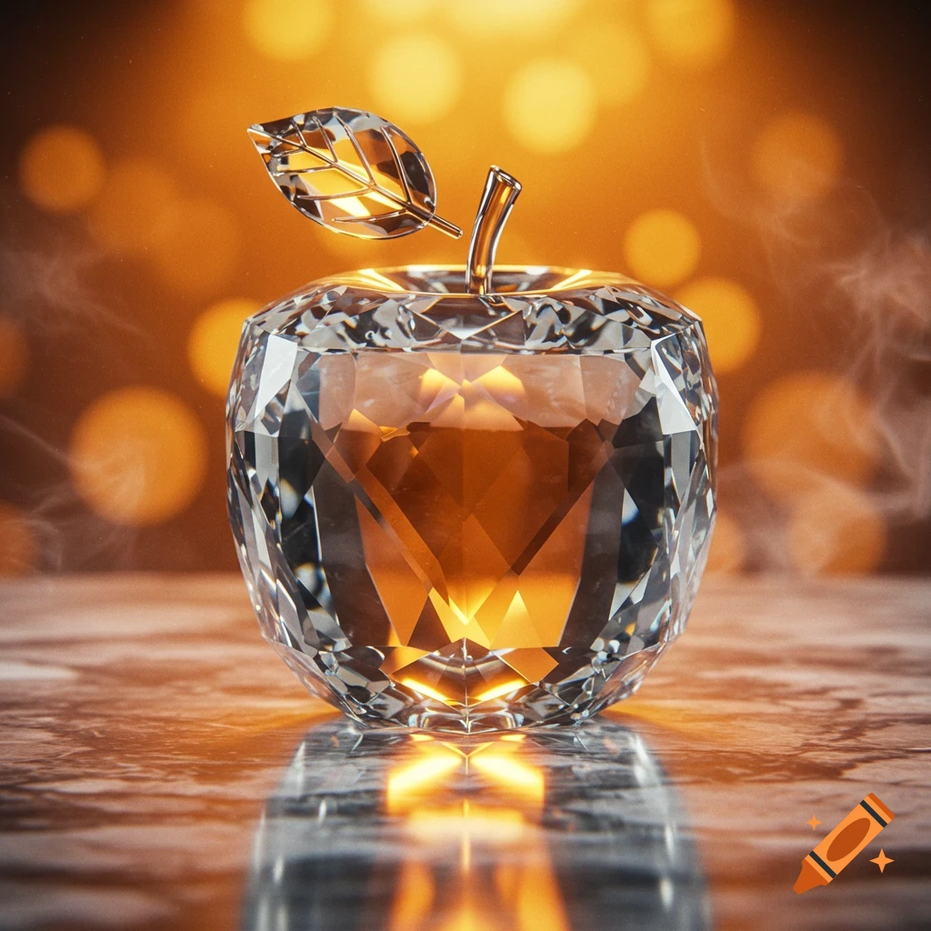 A sparkling crystal apple with a gold stem and leaf sits on a reflective marble surface against a warm, bokeh background.