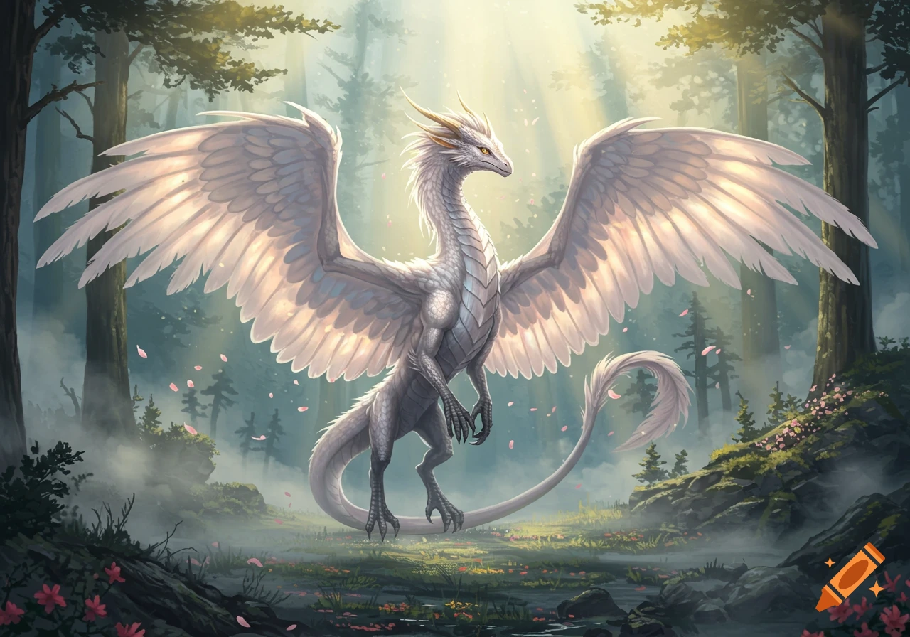 A majestic white dragon with large feathered wings and golden eyes stands in a misty, sun-dappled fantasy forest with pink petals.