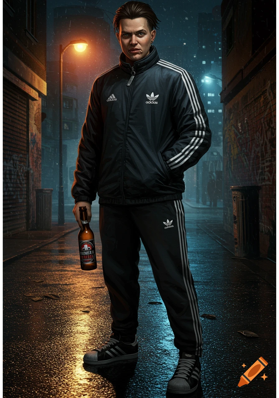 A photorealistic depiction of a stern-faced man in a black Adidas tracksuit holding a beer bottle, standing in a wet, graffiti-covered urban alley at night with streetlights reflecting on the ground.