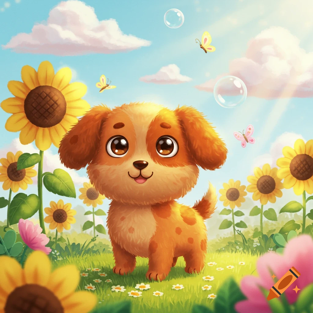 A cute cartoon puppy smiles in a sunny field filled with yellow sunflowers, green grass, colorful butterflies, and bubbles.