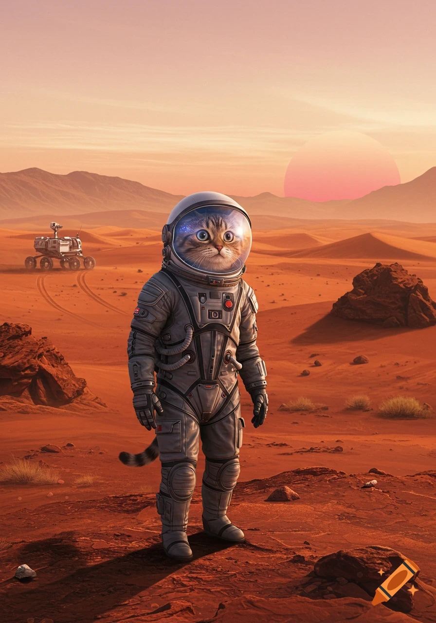 A cute cat in an astronaut suit stands on the red Martian landscape with a rover and a large red sun in the background.