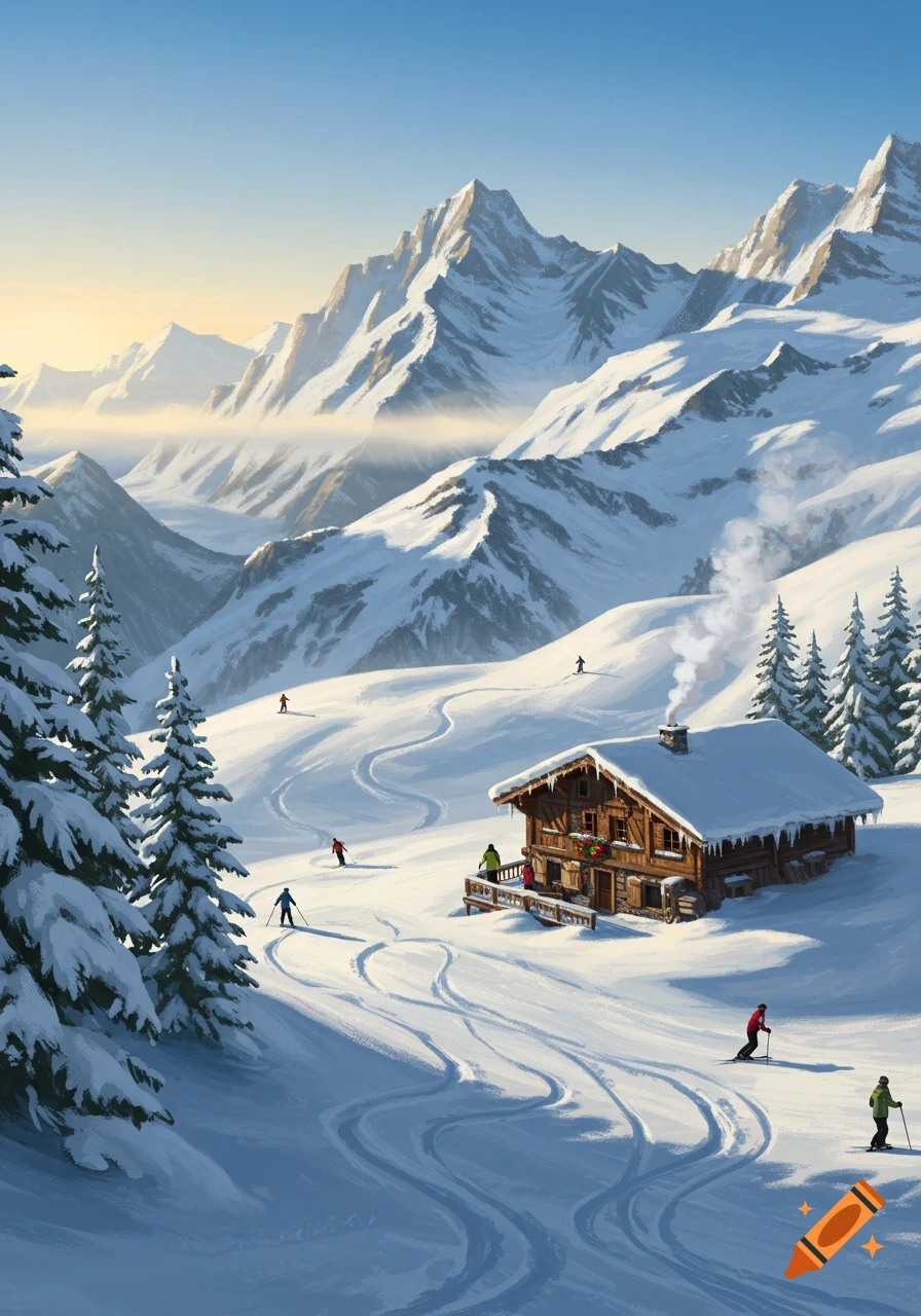 A stylized painting of a snowy mountain ski resort with a rustic chalet, pine trees, and skiers on the slopes.
