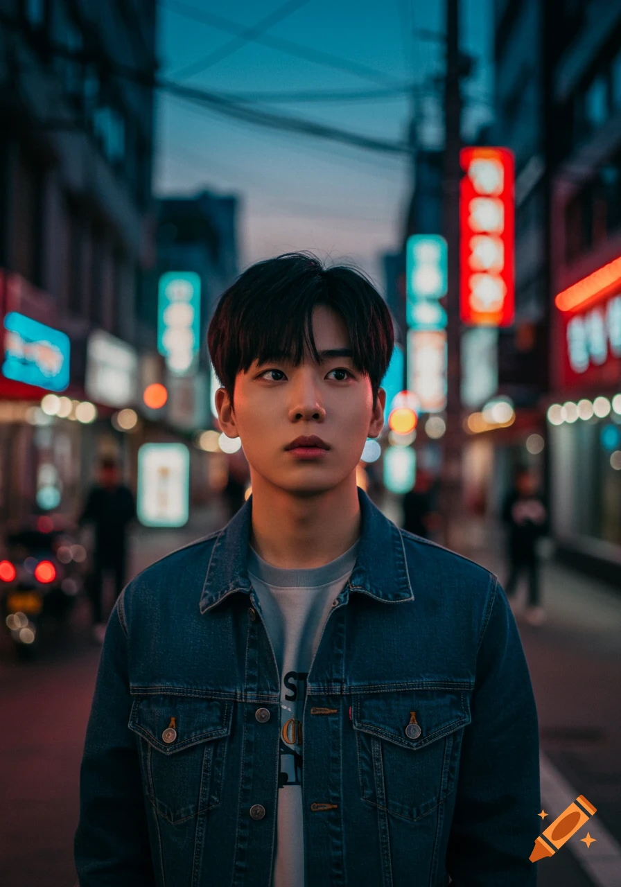A young man in a denim jacket stands in a neon-lit city street at dusk, looking thoughtfully to the side. Photorealistic style.