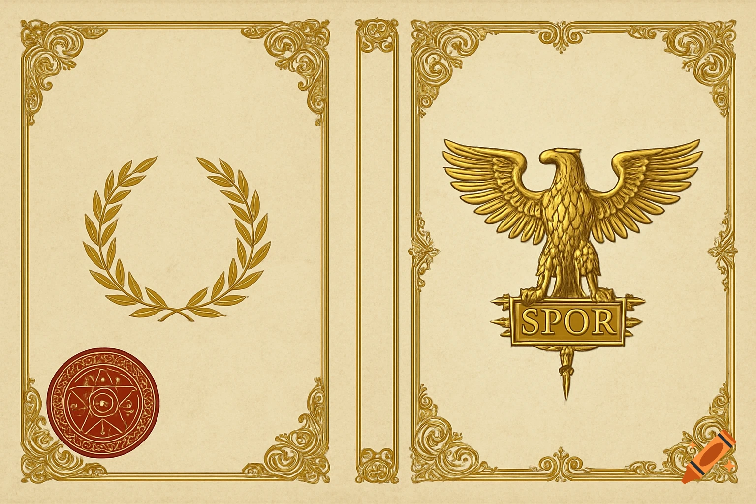 A historical book cover design with ornate gold frames. Left side has a gold laurel wreath and red seal; right side has a golden Roman eagle above 'SPQR'.