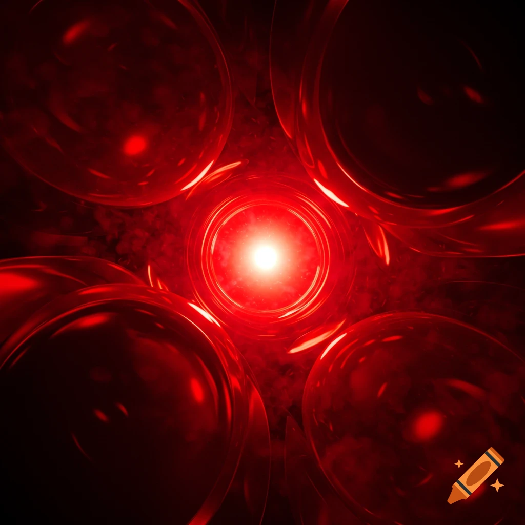 A bright white light in the center surrounded by concentric red rings and large, glowing red spheres on a dark background.