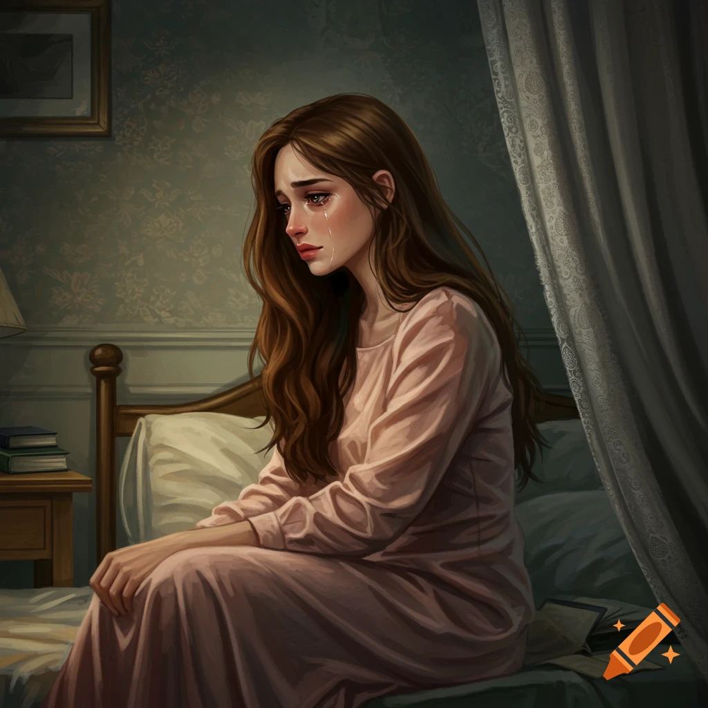 A young woman with long brown hair, wearing a pink nightgown, cries while sitting on a bed in a digital painting style.