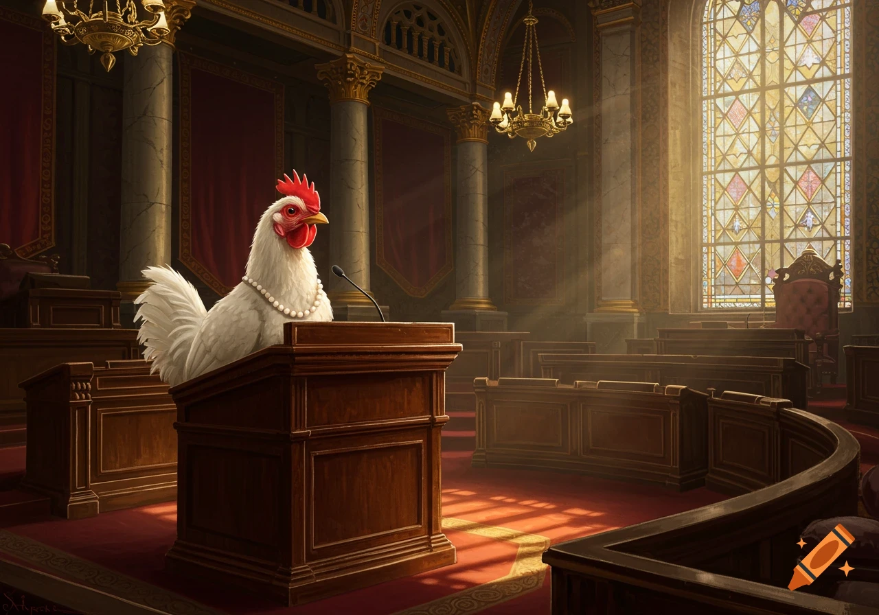 A white chicken wearing a pearl necklace stands at a wooden podium in a grand, ornate legislative hall.