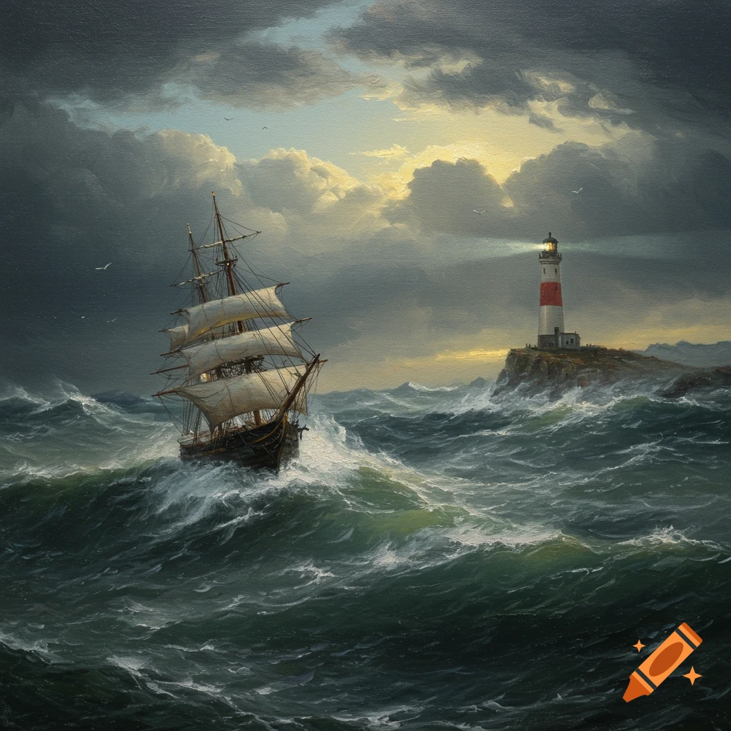 An oil painting of a sailing ship on stormy waves near a red and white lighthouse under a dramatic, cloudy sky.