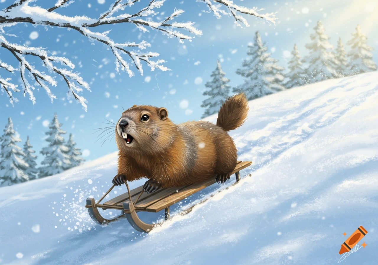 An adorable groundhog with big front teeth joyfully sleds down a snowy hill under a blue sky with falling snow.