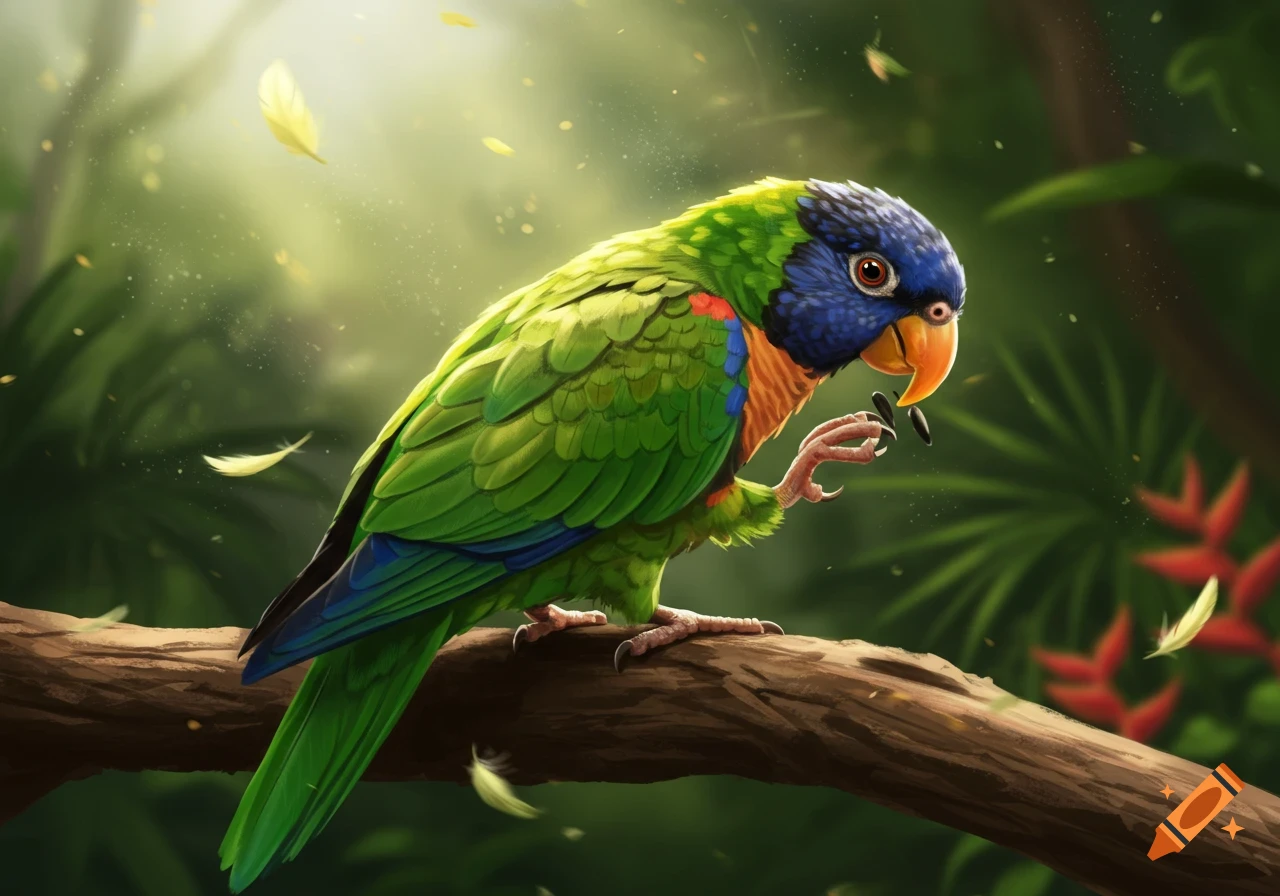 A vibrant, colorful parrot with green, blue, and orange feathers perches on a branch, eating a seed in a sunlit jungle.
