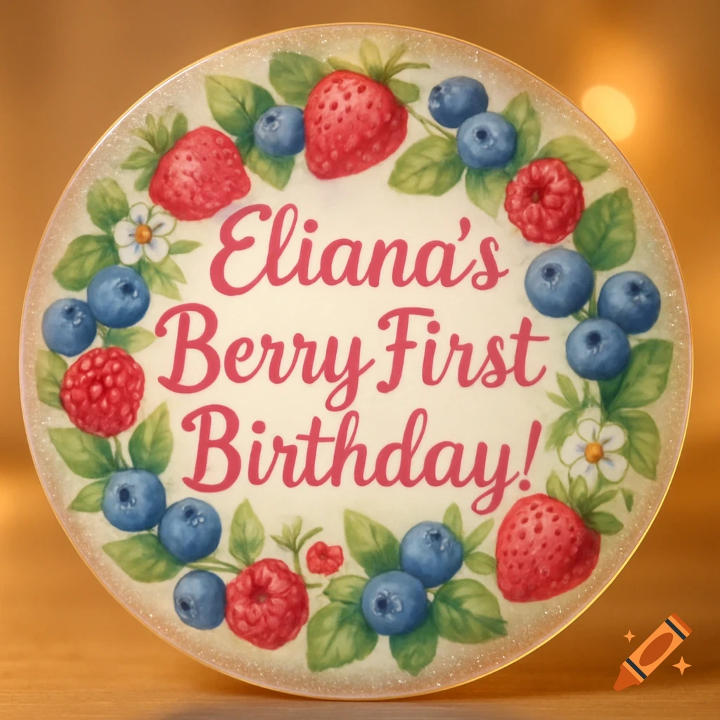Round birthday sign with strawberries, blueberries, and raspberries framing 'Eliana's Berry First Birthday!' in pink script.