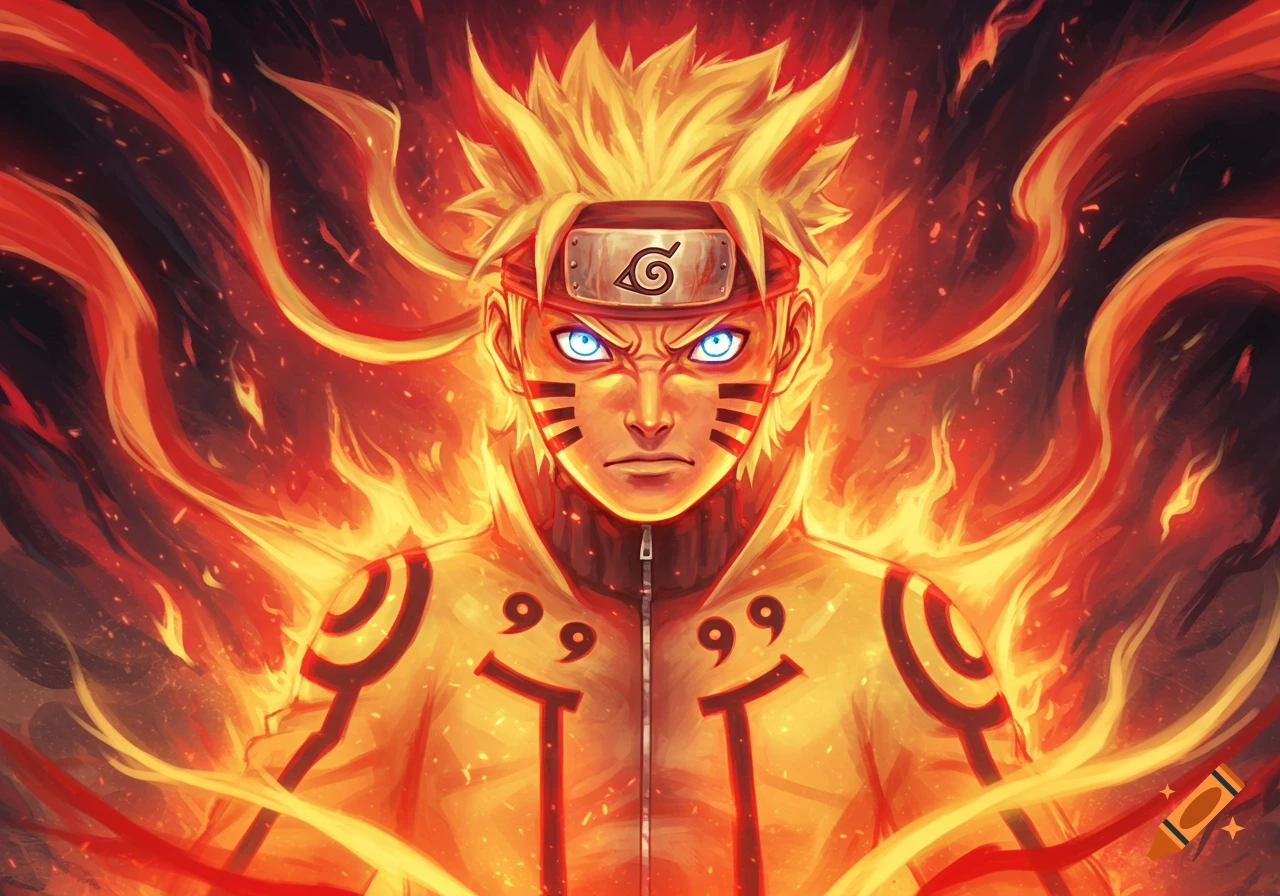 Naruto Uzumaki in Baryon Mode, surrounded by fiery orange energy, with glowing blue eyes in anime art style.
