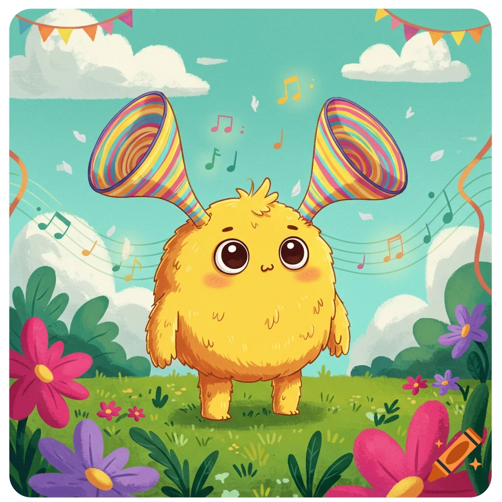 A fluffy yellow cartoon monster with large colorful striped horn-like ears stands in a flowery field under a blue sky with musical notes floating around.