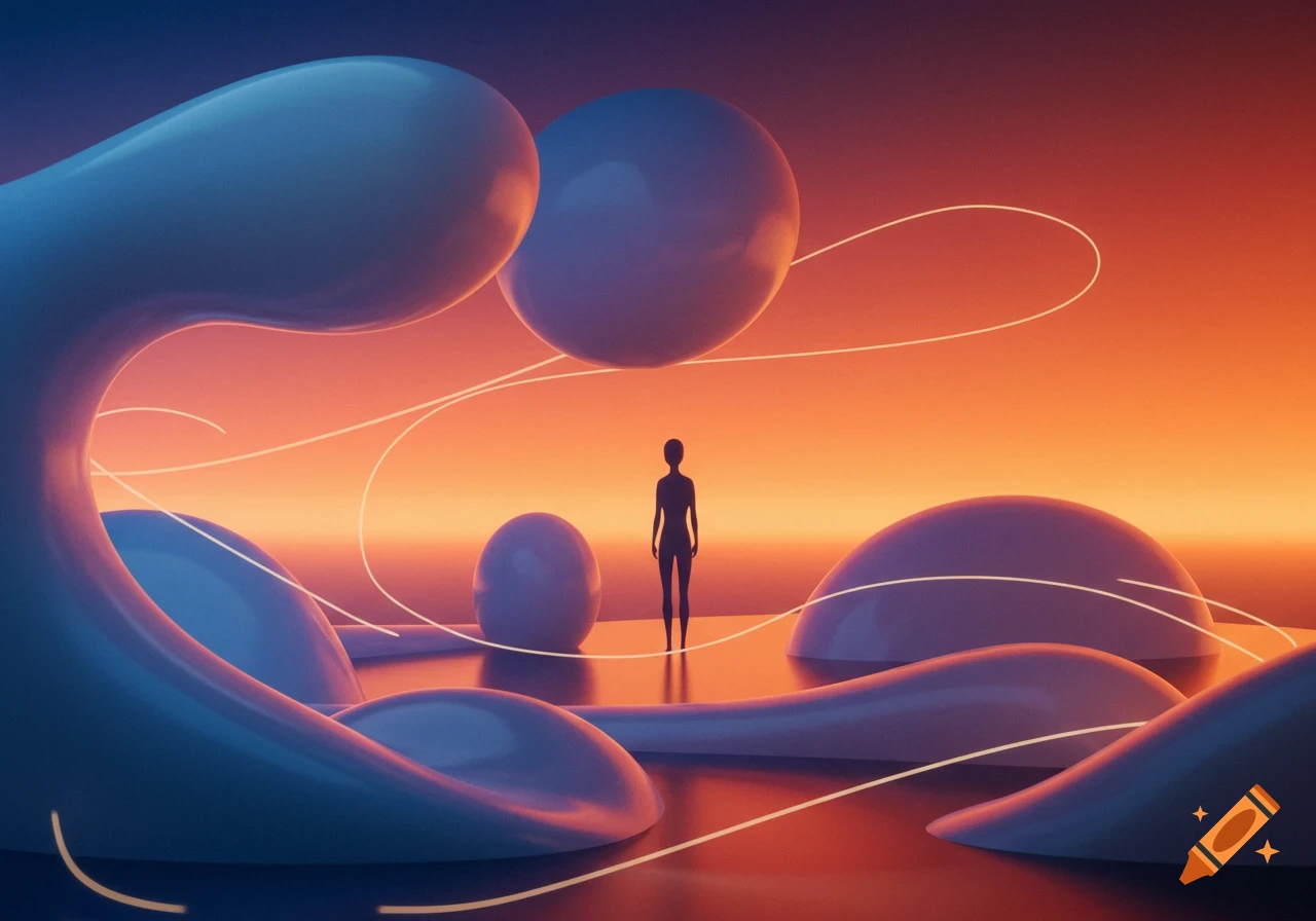 A silhouette stands among glossy blue-purple abstract shapes and glowing lines against an orange-blue gradient sky, in a Frutiger Aero digital art style.
